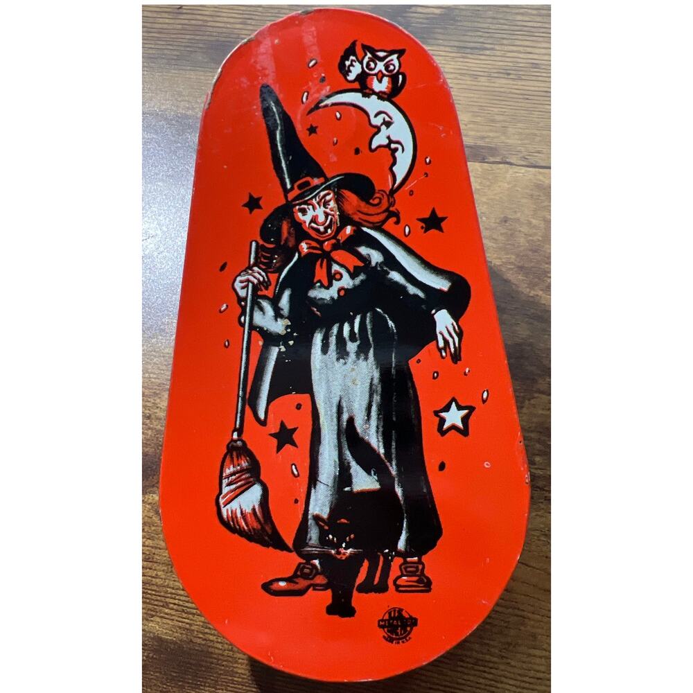 Vintage Halloween Kirchhof Ratchet Noisemaker Metal Witch, Black Cat Broom WORKS